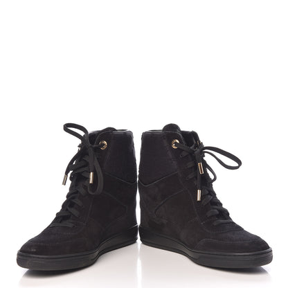 Louis Vuitton Calfskin Suede Monogram Cliff Top Wedge Sneakers 38.5 Black 5 of 14
