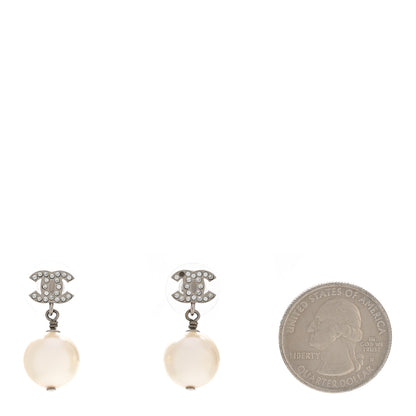 Chanel Crystal Pearl CC Drop Earrings Silver Pearly White 2 of 5