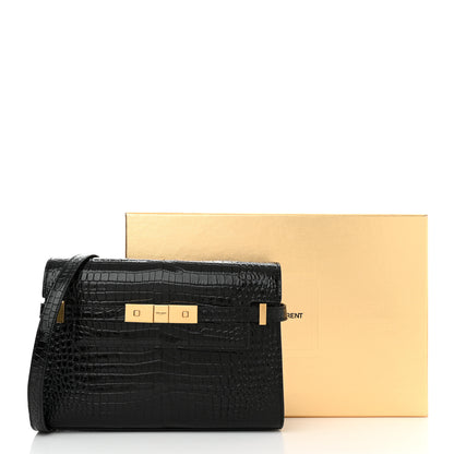 Saint Laurent Shiny Calfskin Crocodile Embossed Small Manhattan Baguette Black 11 of 11