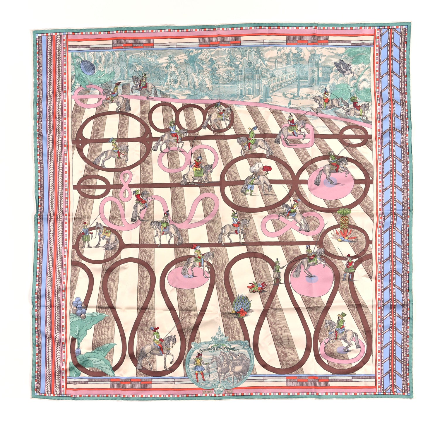Silk Passades et Serpentines Double Face Scarf 90 Creme Vert Rose