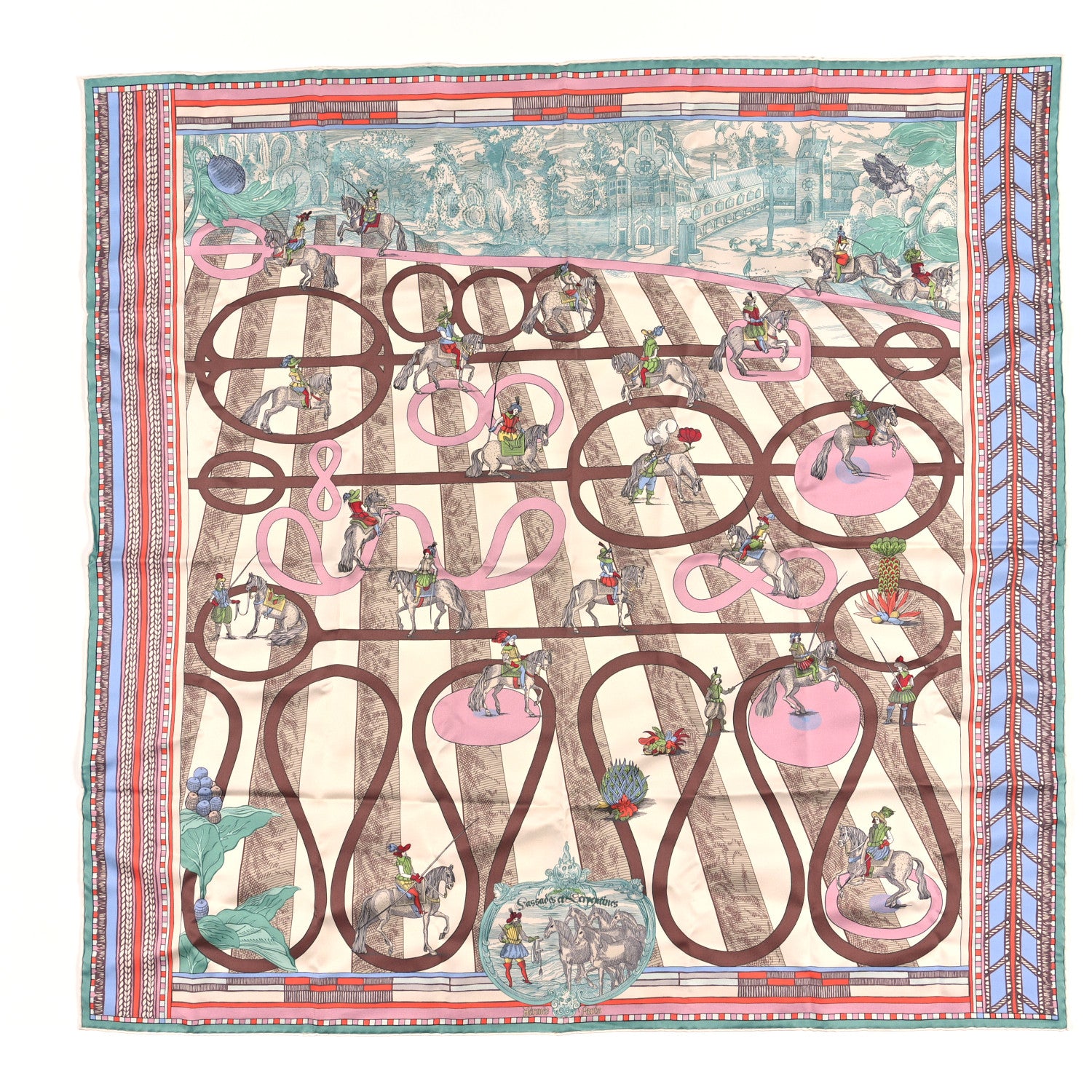 Hermes Silk Passades et Serpentines Double Face Scarf 90 Creme Vert Rose 1 of 3