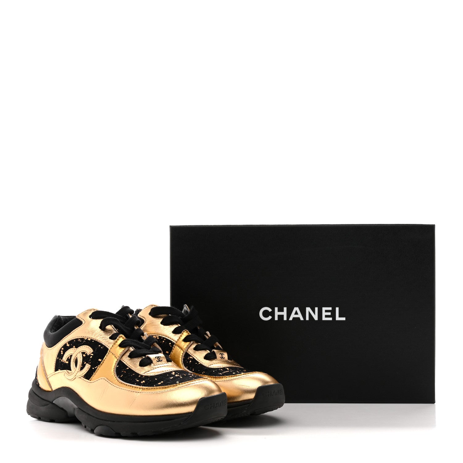 Chanel Satin Lambskin Fabric Tweed CC Sneakers 36.5 Gold Black