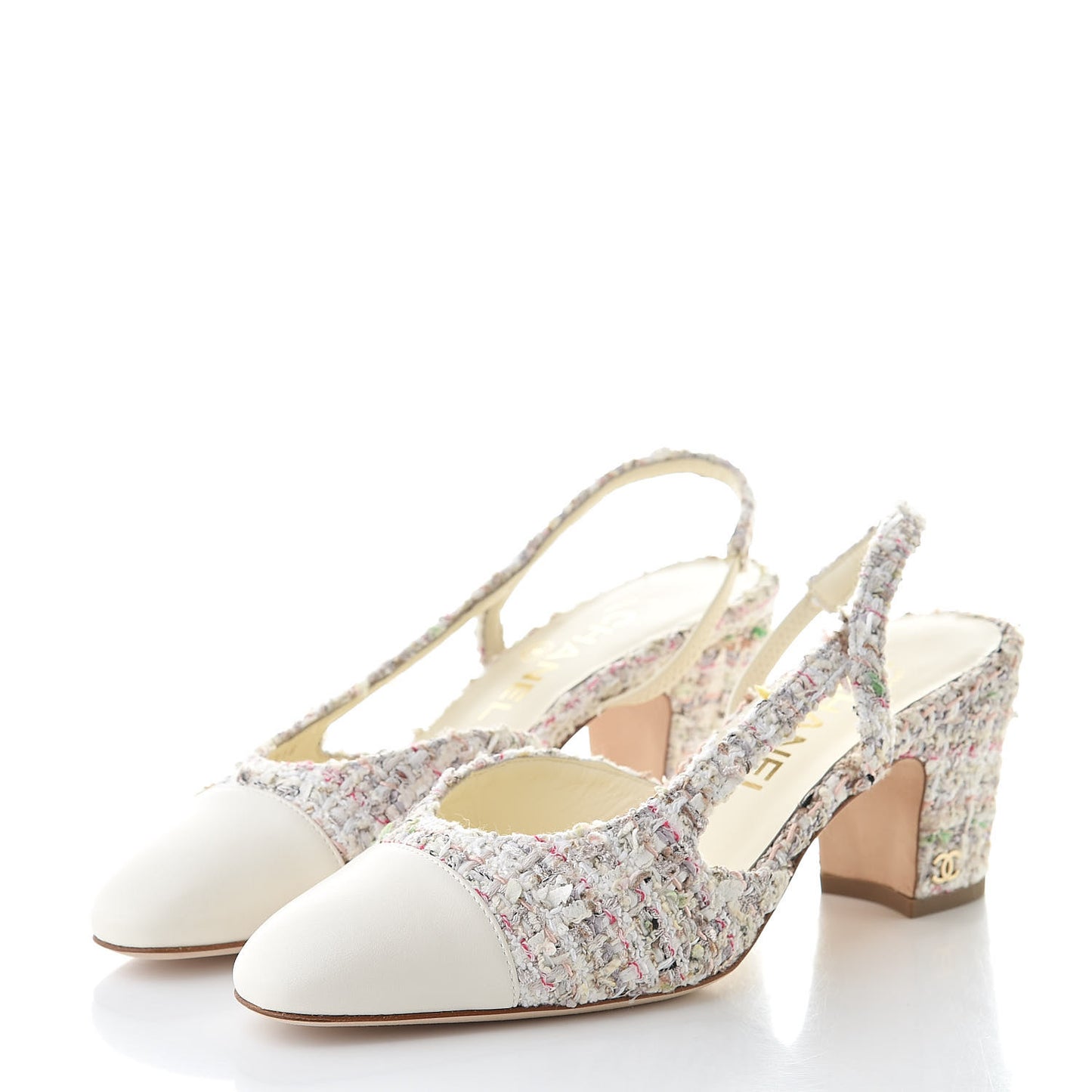 Tweed Lambskin Cap Toe CC Slingback Pumps 36 Brown Ecru Green White