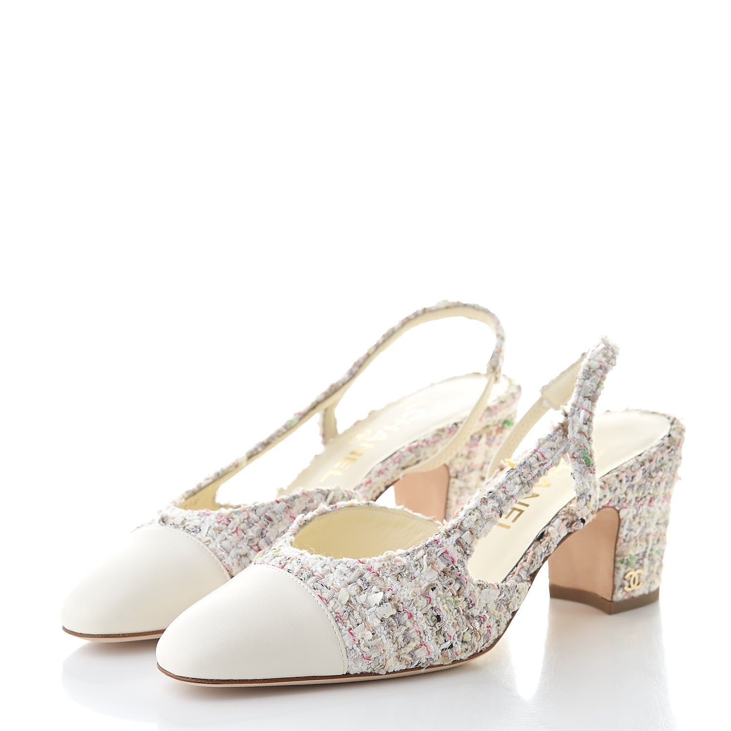 Chanel Tweed Lambskin Cap Toe CC Slingback Pumps 36 Brown Ecru Green White 3 of 8