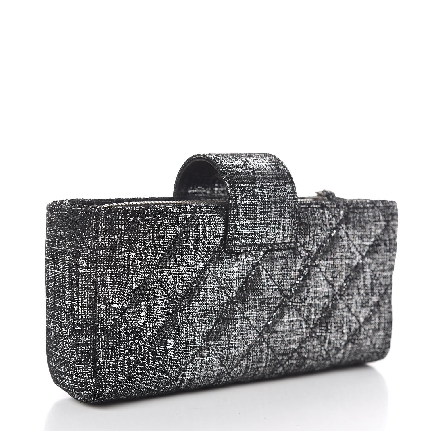 Chanel Metallic Fabric Quilted Mini Phone Holder Clutch Silver Black 3 of 7