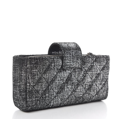 Chanel Metallic Fabric Quilted Mini Phone Holder Clutch Silver Black 3 of 7