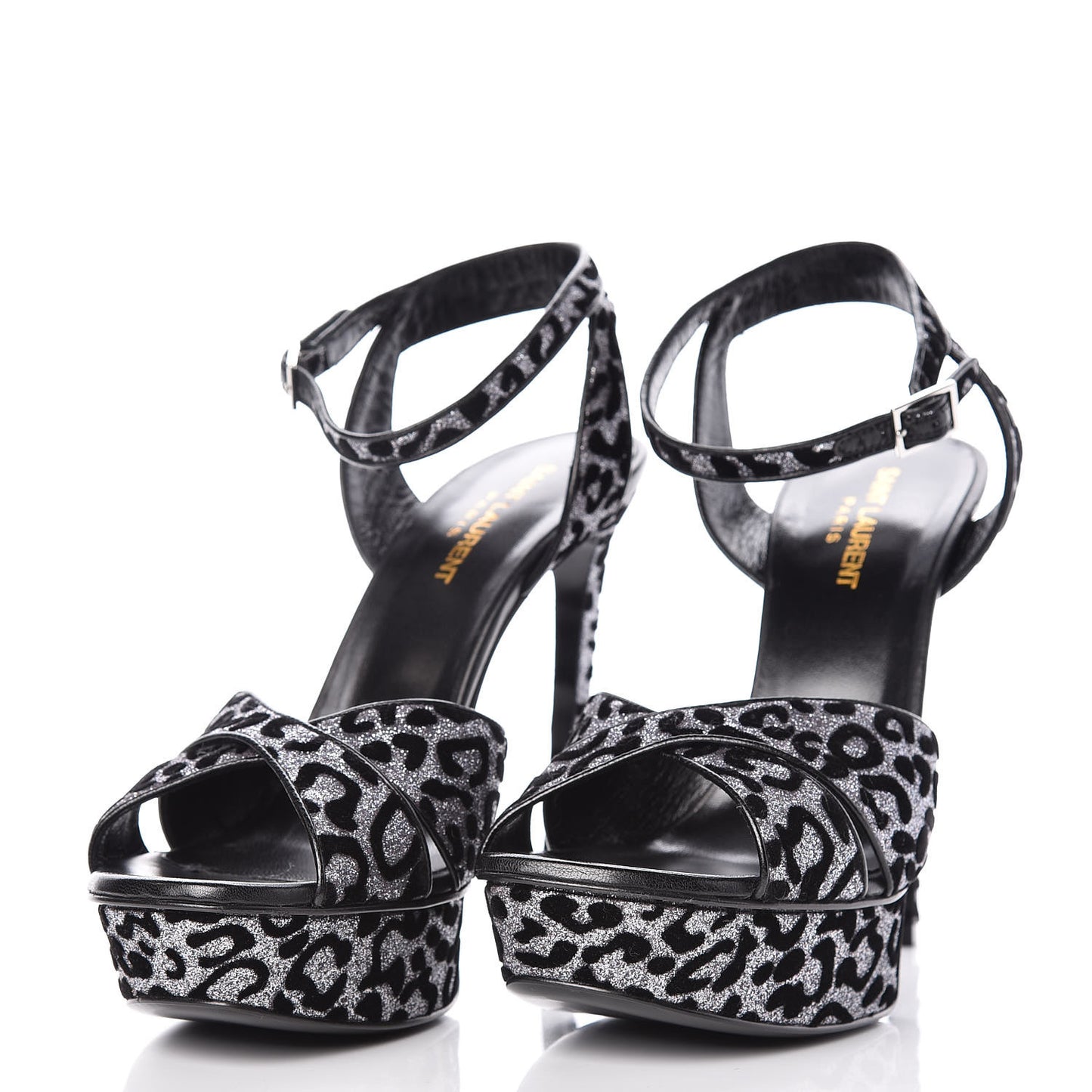 Velvet Glitter Leopard Print Platform Sandals 40 Argento Black