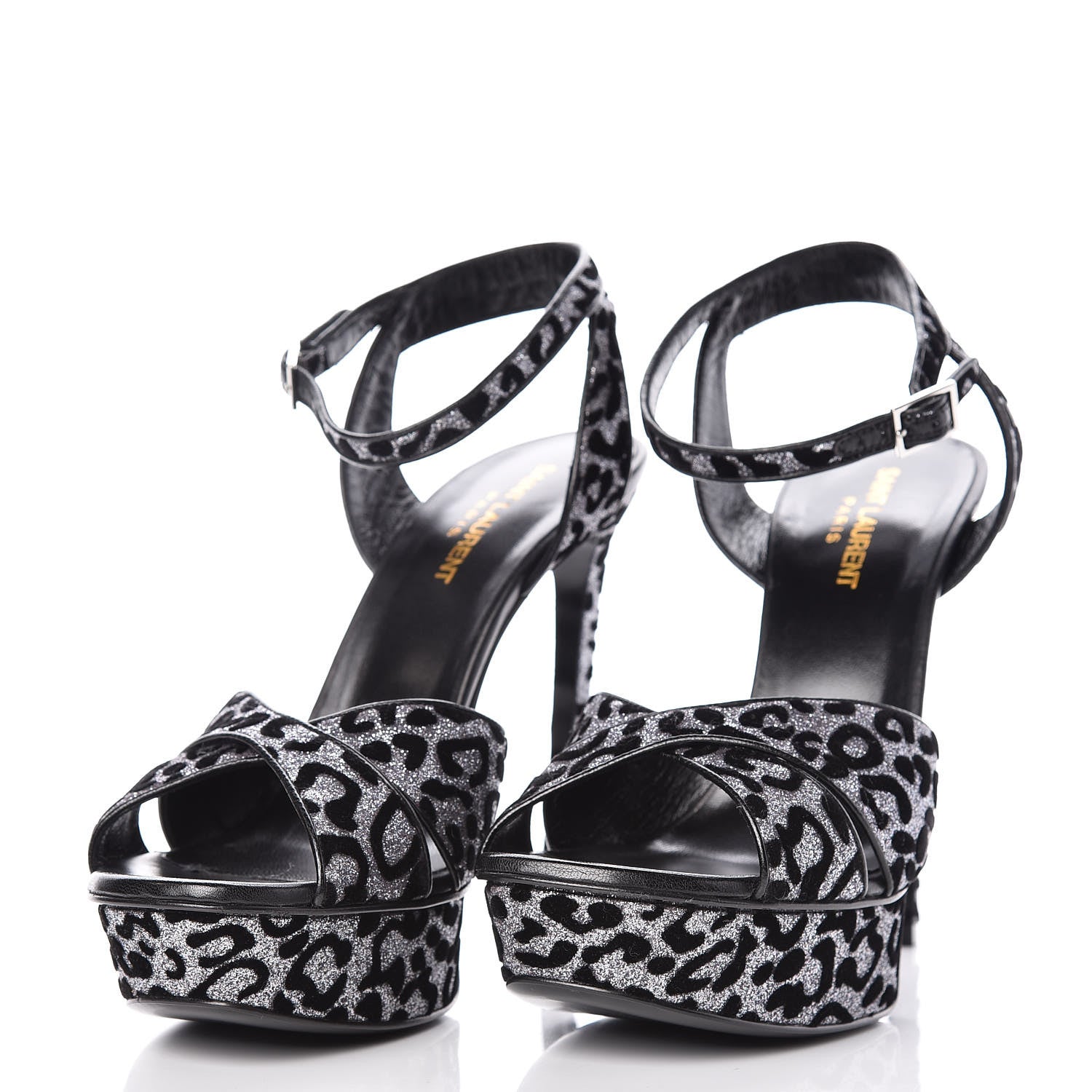 Saint Laurent Velvet Glitter Leopard Print Platform Sandals 40 Argento Black 5 of 18
