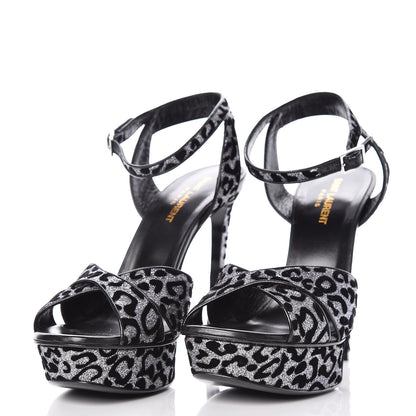Saint Laurent Velvet Glitter Leopard Print Platform Sandals 40 Argento Black 5 of 18