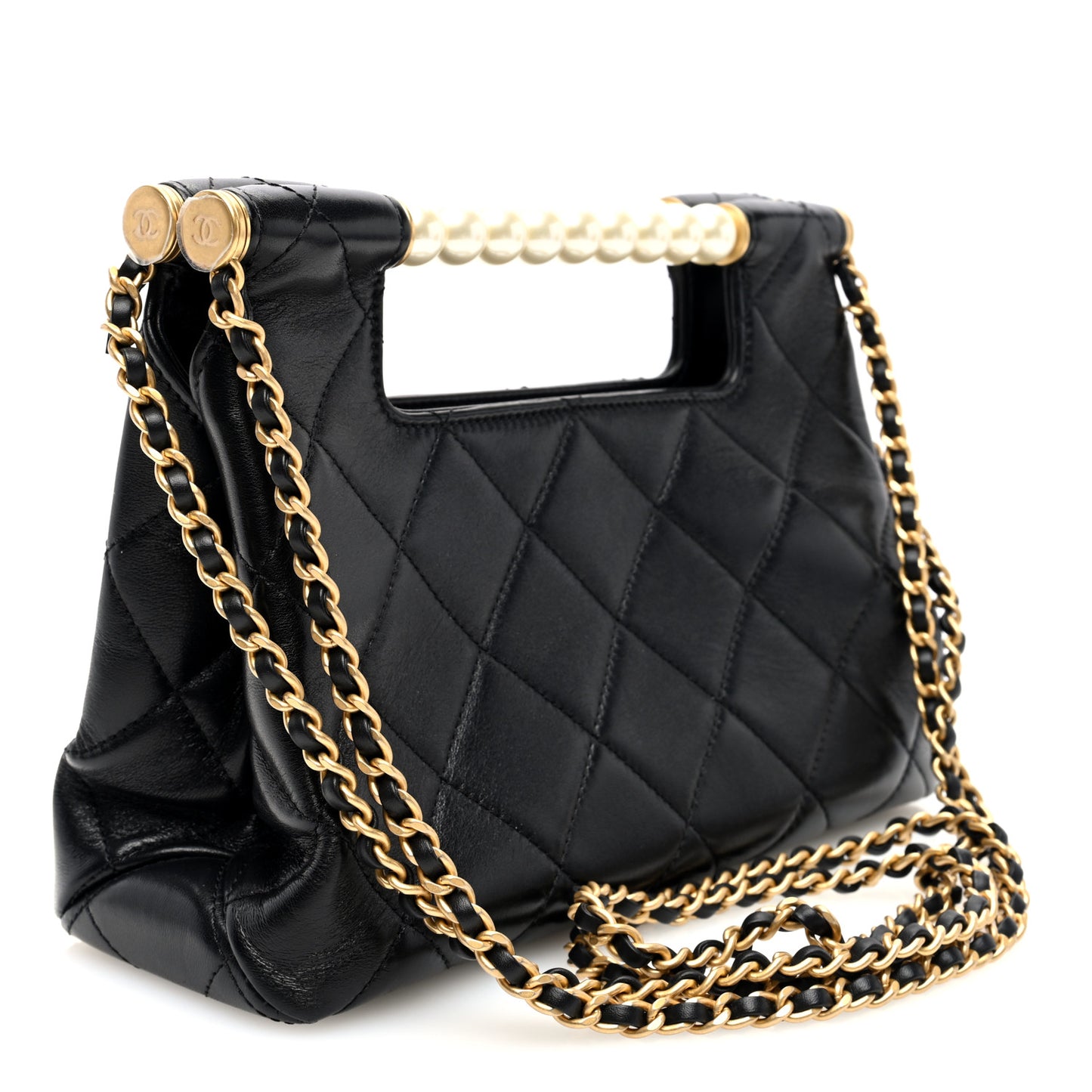 Shiny Lambskin Pearl Small Shopping Bag Black