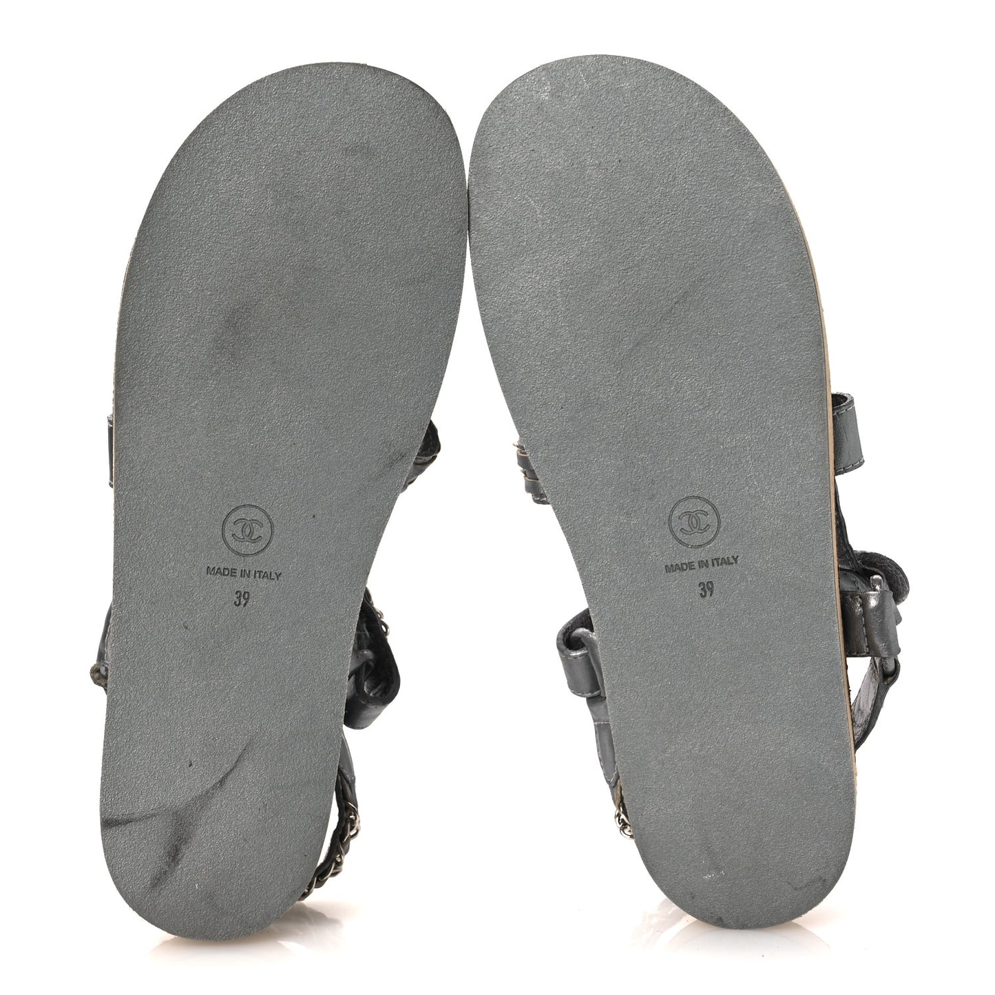 Metallic Laminated Goatskin Chain Flat Sandals 39 Dark Silver