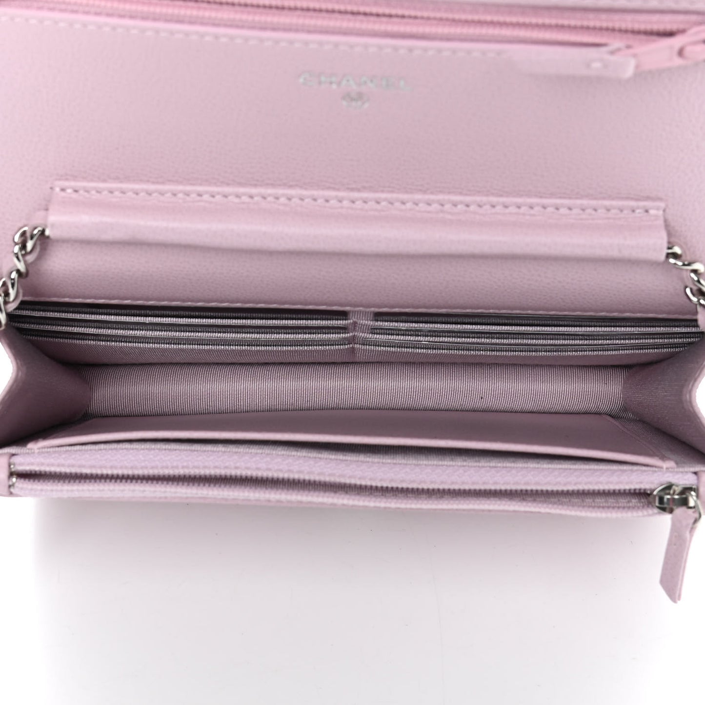 Grained Calfskin Quilted CC Box Wallet On Chain WOC Light Pink