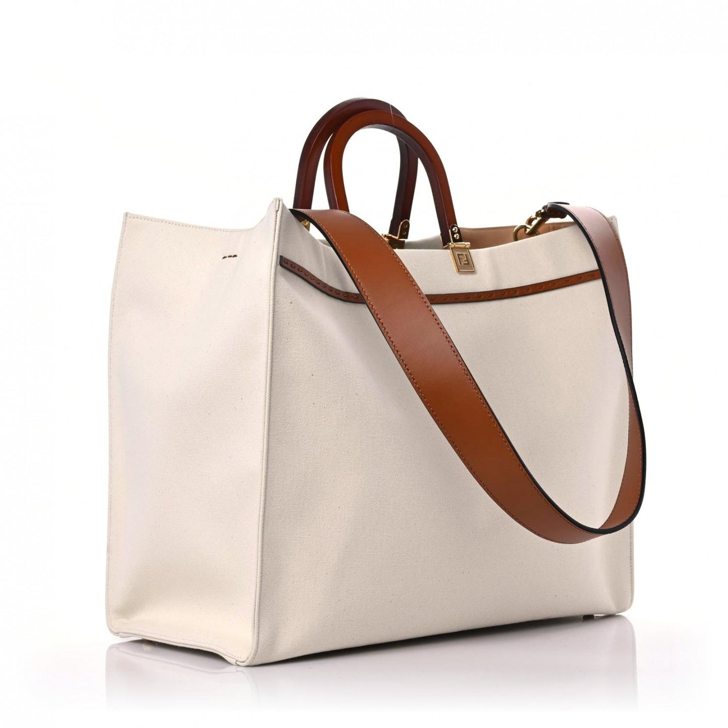 Cotton Canvas Calfskin Large Fendi Sunshine Shopper Tote White