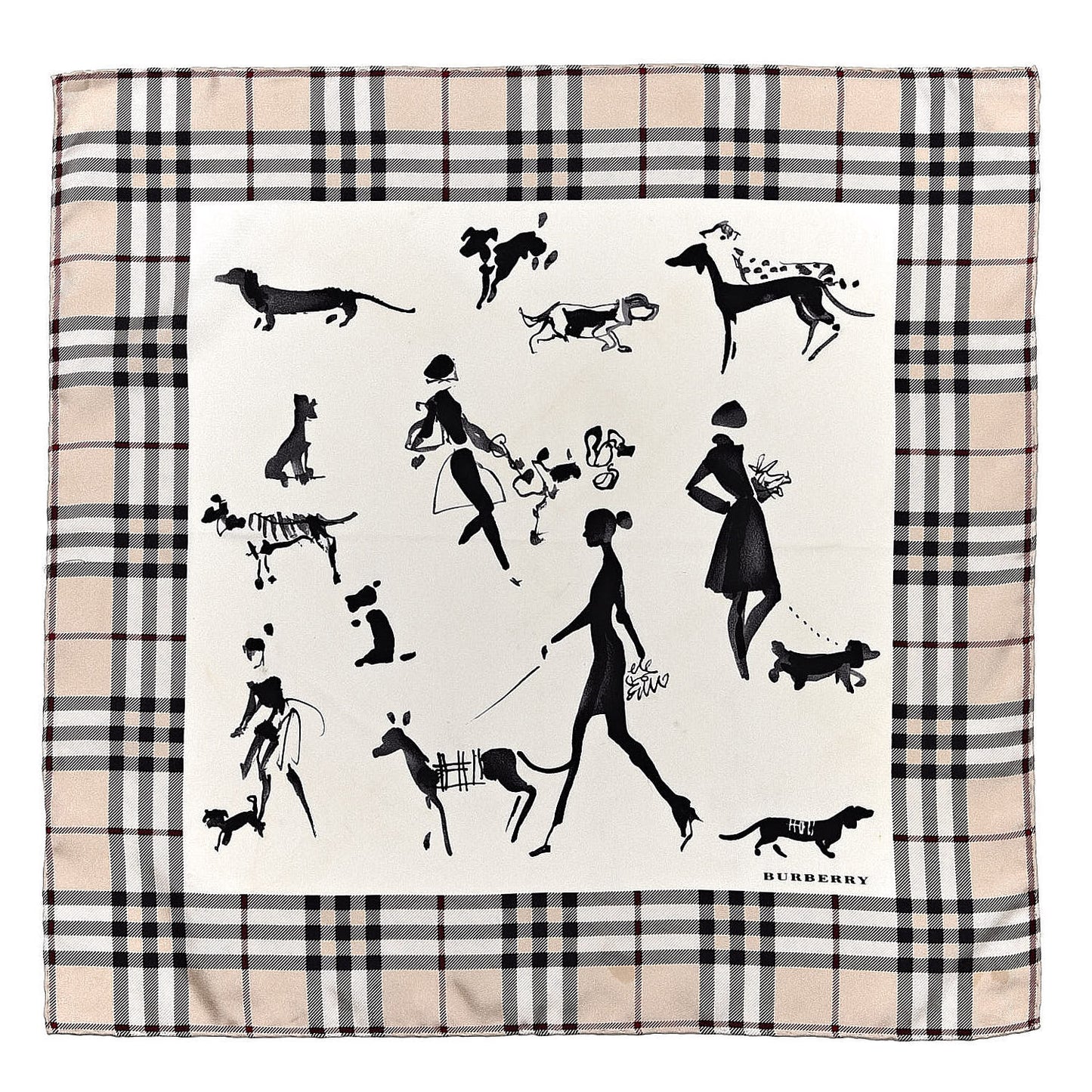 Silk Dog Print Nova Check Square Scarf Beige