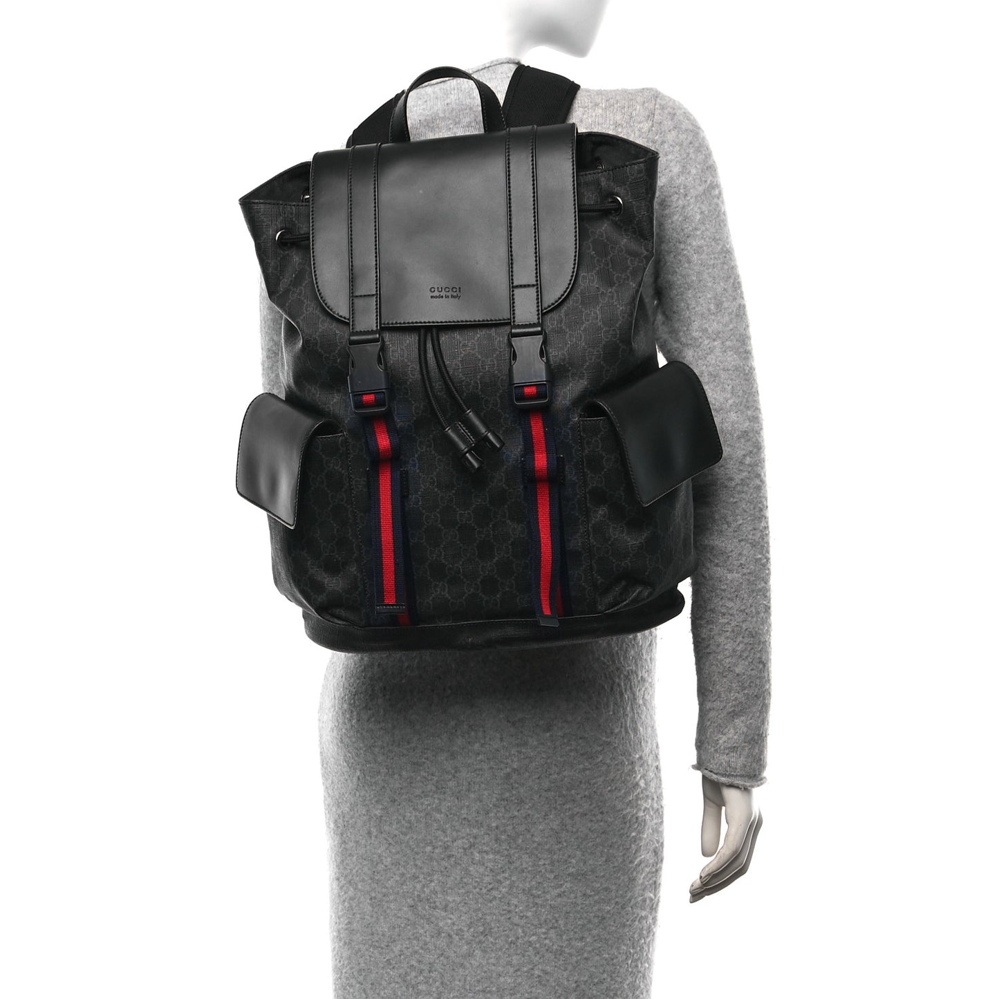 Soft GG Supreme Monogram Calfskin Web Double Buckle Backpack Black