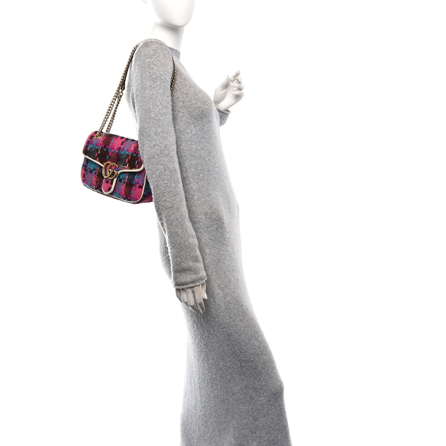 Tweed Calfskin Spicy Check Small GG Marmont Shoulder Bag Pink Multicolor Mystic White