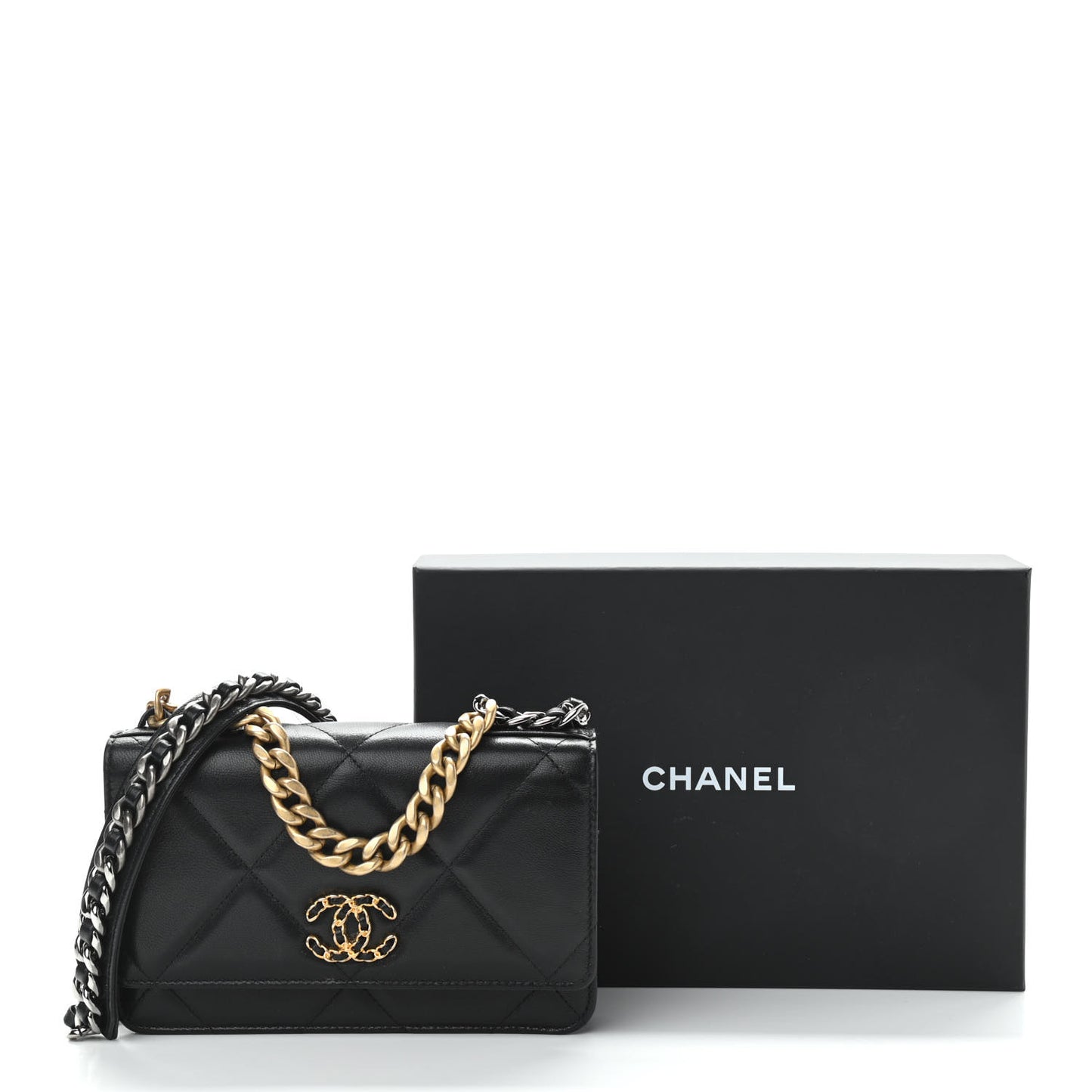 Lambskin Quilted Chanel 19 Wallet On Chain WOC Black