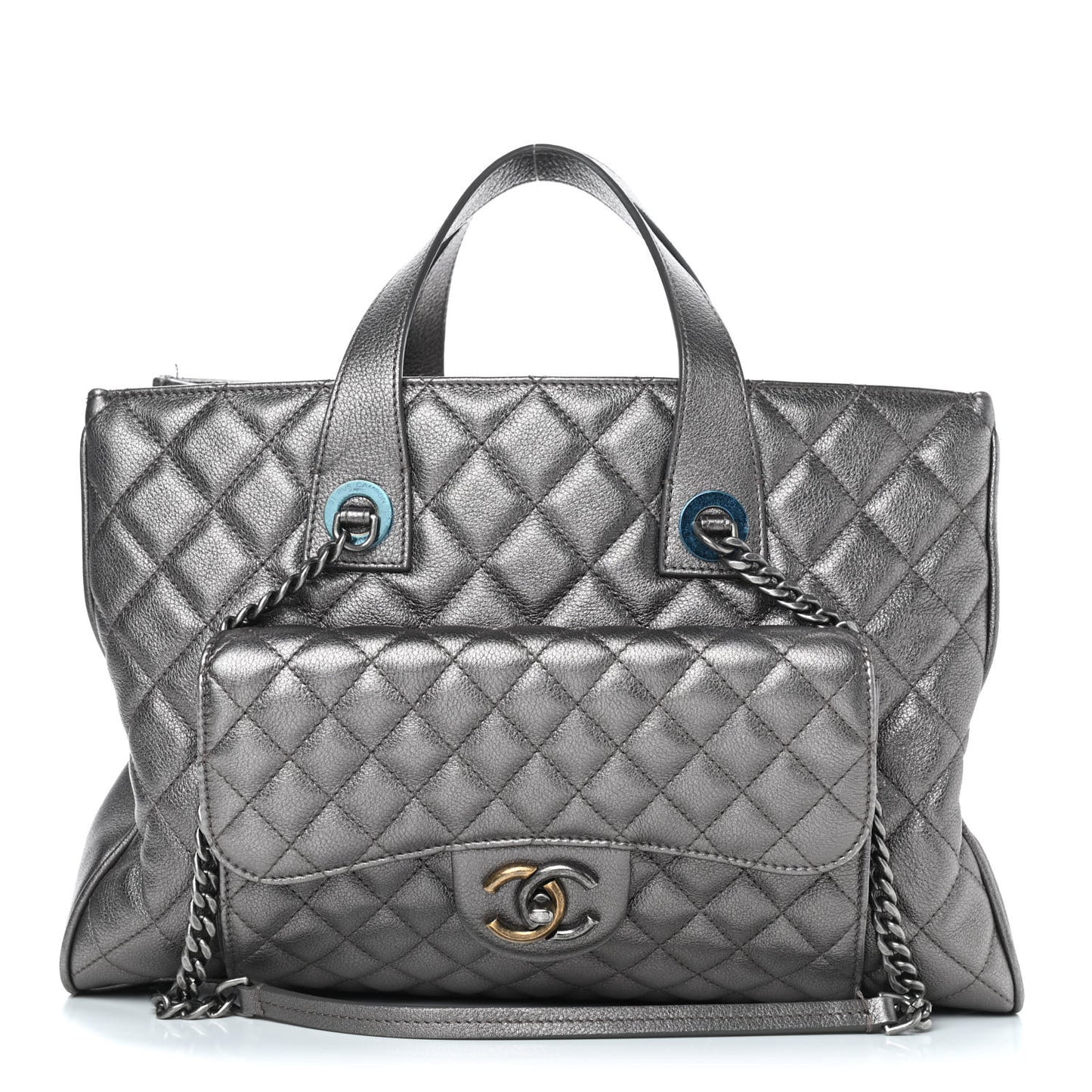 Metallic Grained Calfskin Quilted Large Casual Pocket Tote Silver