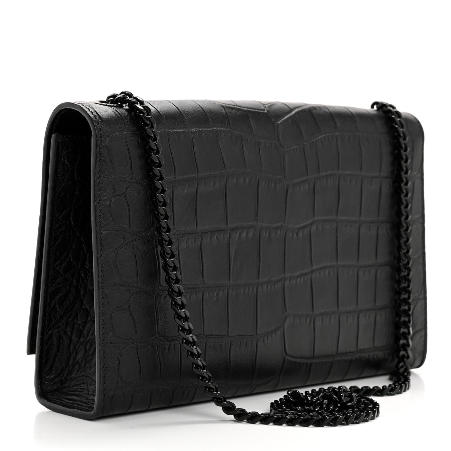 Calfskin Crocodile Embossed Medium Classic Monogram Kate Satchel Black