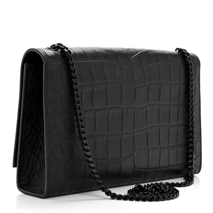 Saint Laurent Calfskin Crocodile Embossed Medium Classic Monogram Kate Satchel Black 3 of 11