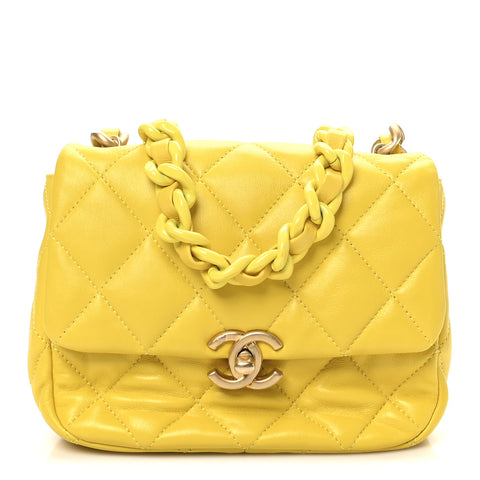 Lambskin Quilted Mini Lacquered Chain Flap Yellow