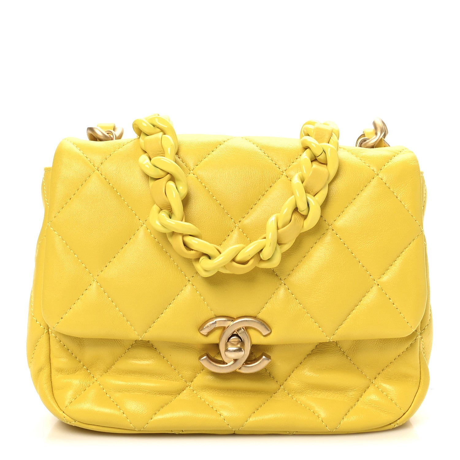 Chanel Lambskin Quilted Mini Lacquered Chain Flap Yellow 1 of 10