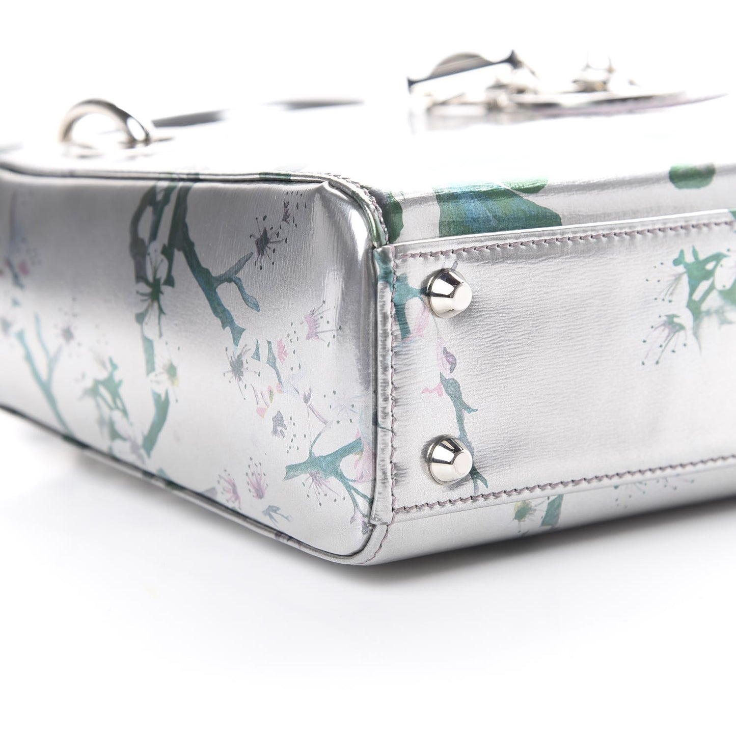 Metallic Calfskin Cherry Blossom Print Mini Lady Dior Silver