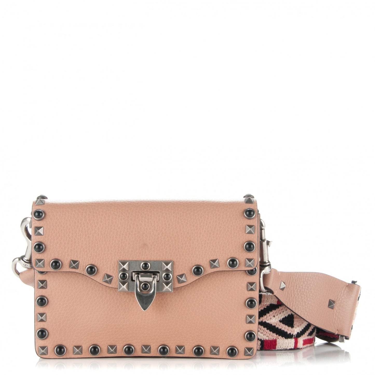 Grained Calfskin Onyx Small Guitar Strap Rockstud Rolling Shoulder Flap Bag Soft Noisette