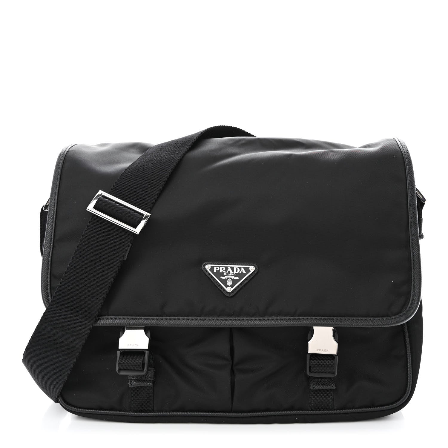 Prada Tessuto Nylon Saffiano Large Double Snap Buckle Messenger Bag Black 1 of 11