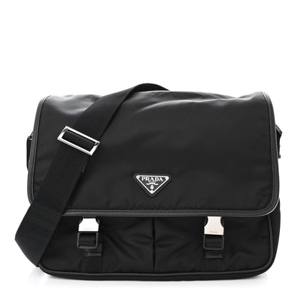 Prada Tessuto Nylon Saffiano Large Double Snap Buckle Messenger Bag Black 1 of 11