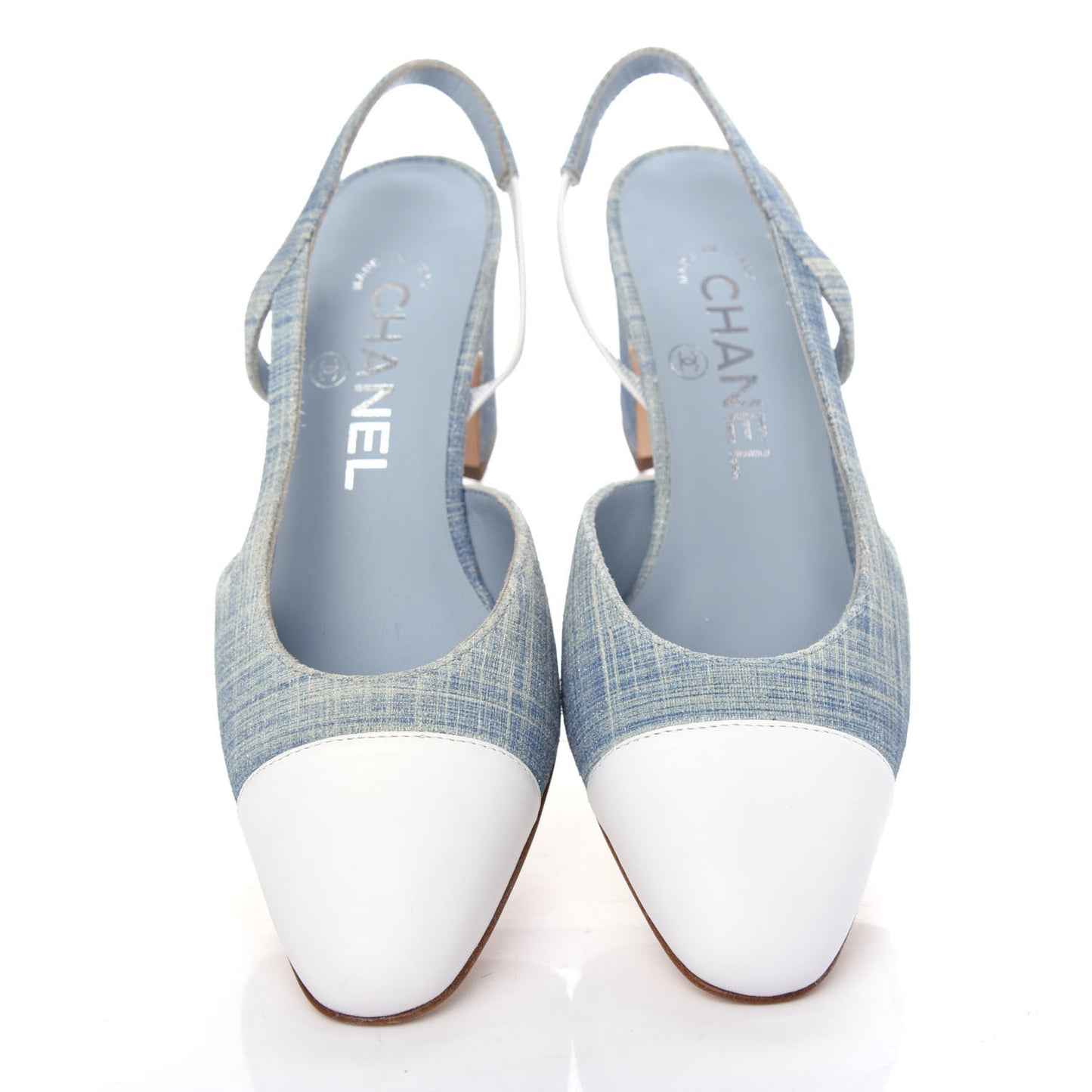 Denim Lambskin Cap Toe CC Slingback Pumps 35 Light Blue White