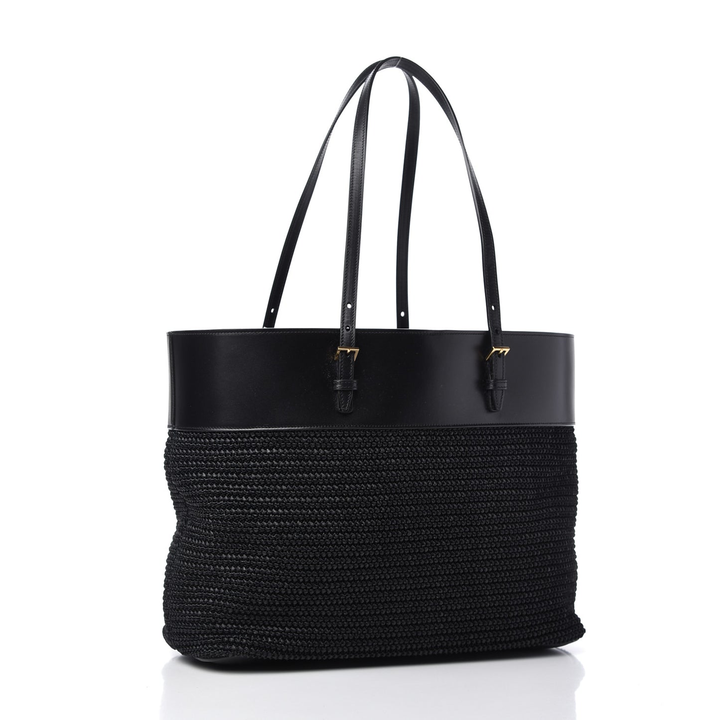 Calfskin Raffia Medium Shopper Tote Black