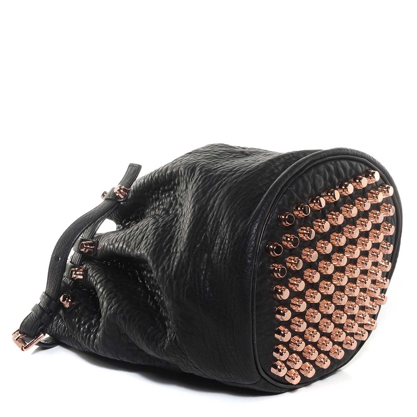 Pebbled Leather Diego Bucket Bag Black w Rose Gold Hardware