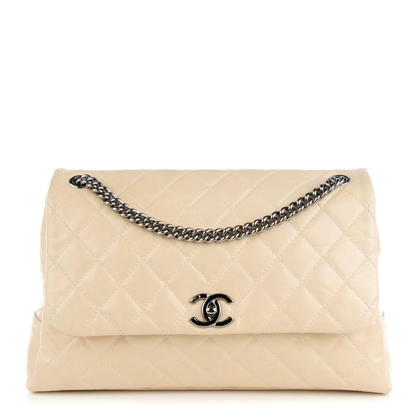 Aged Calfskin Quilted Supple Trapeze Flap Light Beige