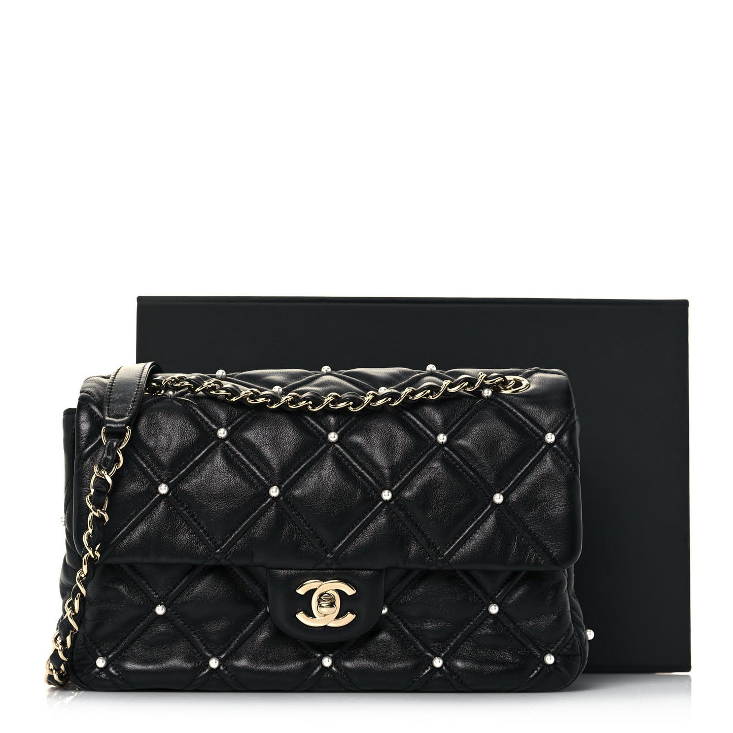 Lambskin Quilted Pearl Studded Flap Black