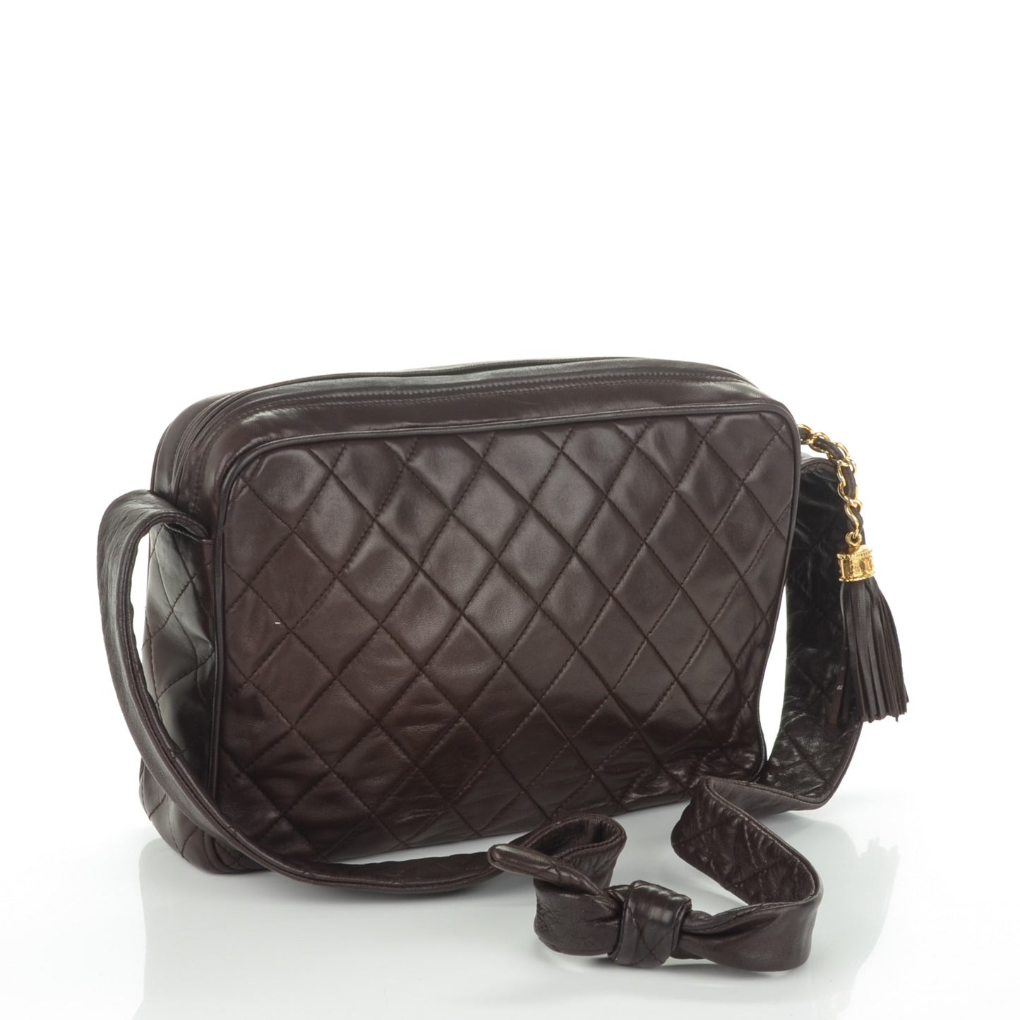 Lambskin Quilted Tassel Camera Case Brown