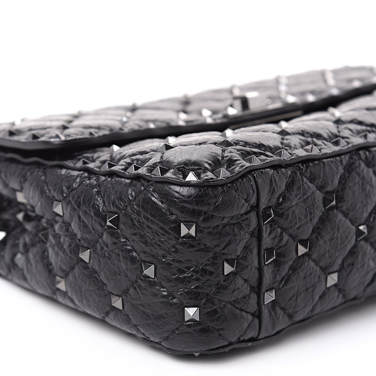 Craquele Nappa Medium Rockstud Spike Shoulder Bag Black