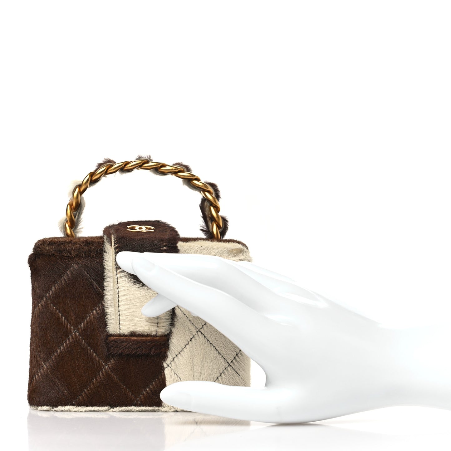 Pony Hair Quilted Cow Print Mini Top Handle Vanity Case Brown White