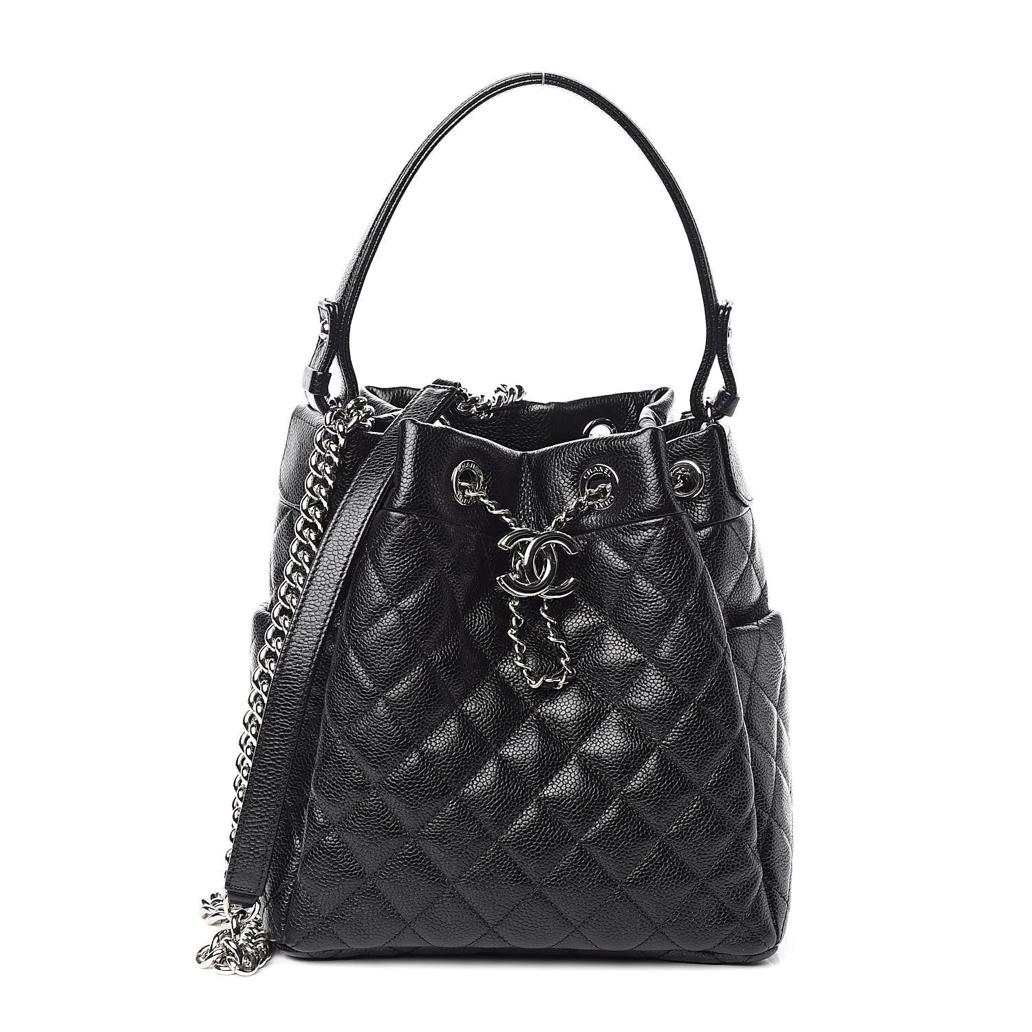 Chanel Grained Calfskin Quilted CC Chain Bucket Drawstring Bag Black 1 of 11