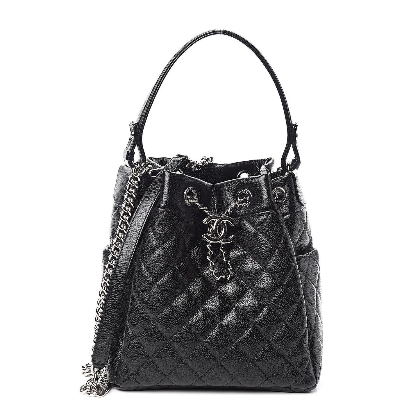 Grained Calfskin Quilted CC Chain Bucket Drawstring Bag Black