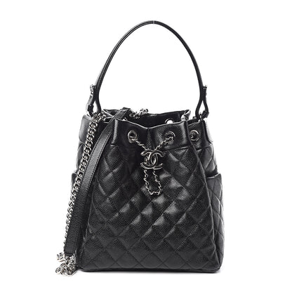 Chanel Grained Calfskin Quilted CC Chain Bucket Drawstring Bag Black 1 of 11