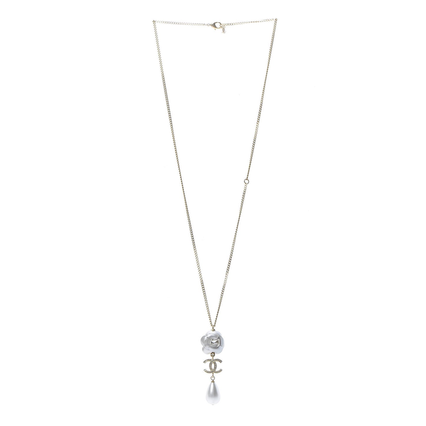 Crystal Pearl CC Camellia Necklace Gold