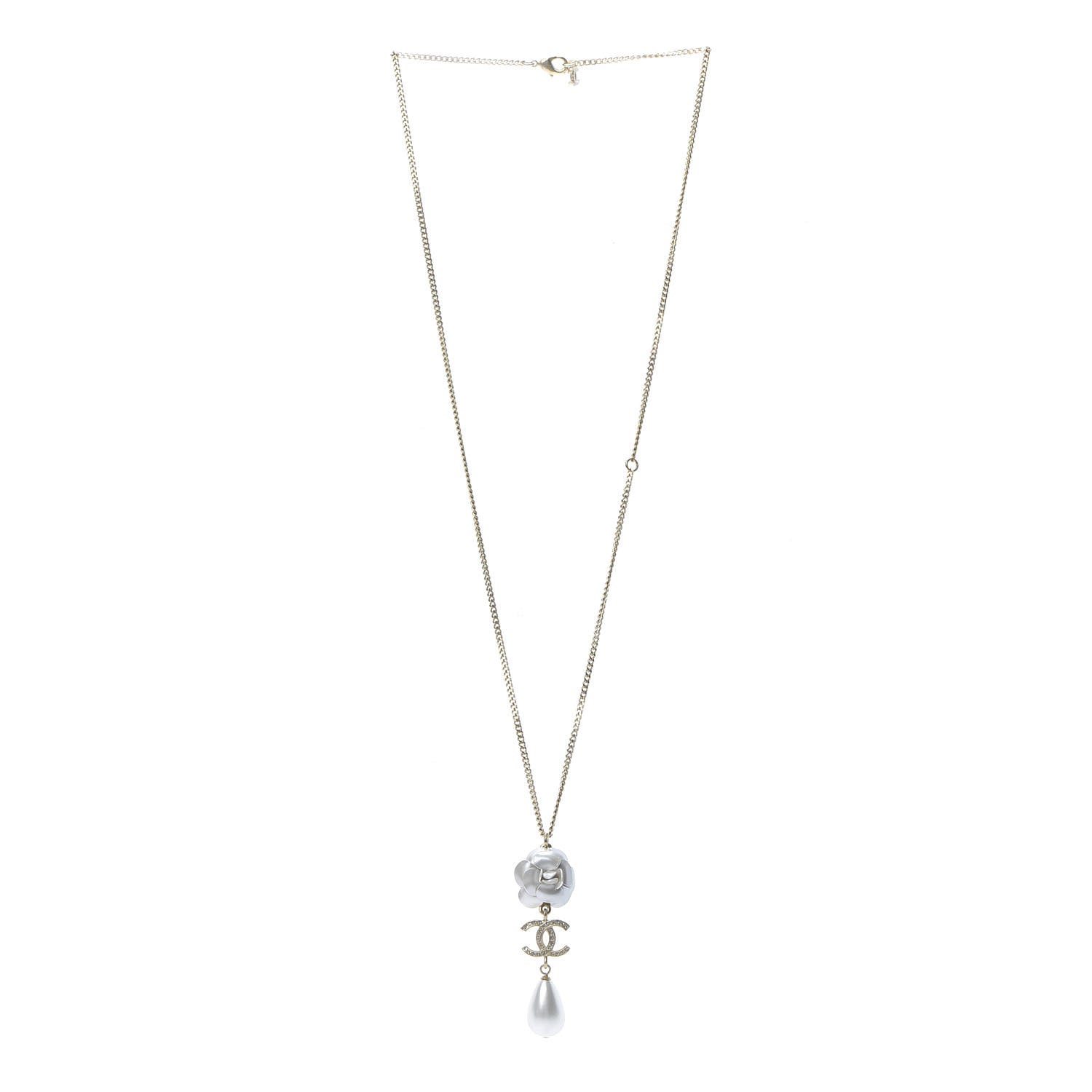 Chanel Crystal Pearl CC Camellia Necklace Gold 3 of 5