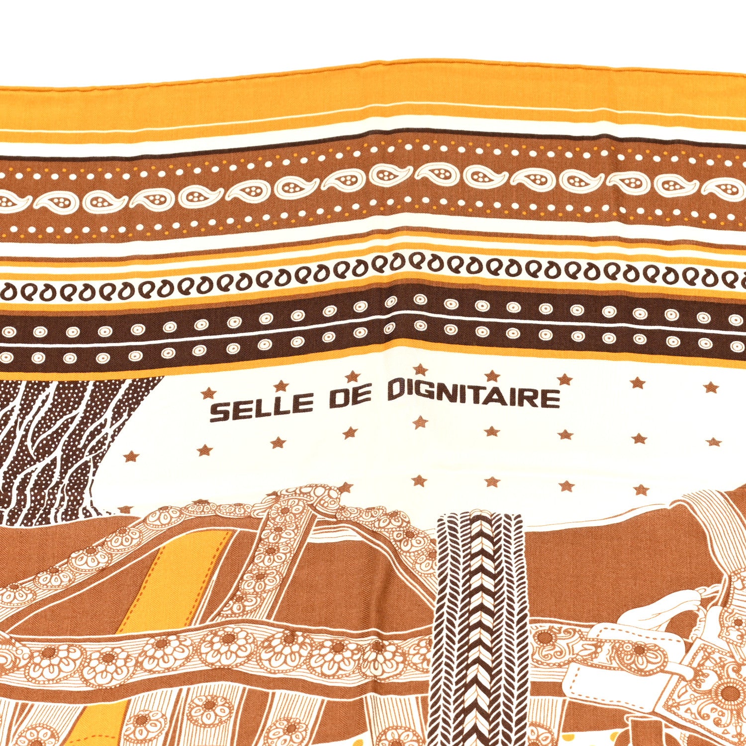 Hermes Cashmere Silk Selle De Dignitaire Shawl 140 Curry Camel White 5 of 5