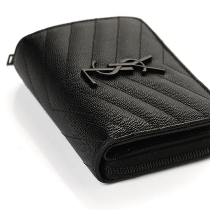 Saint Laurent Grain De Poudre Matelasse Chevron Monogram Monochrome Compact Zip Around Wallet Black 10 of 13