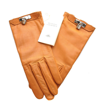 Hermes Lambskin Soya Kelly Lock Gloves 7.5 Orange 1 of 7