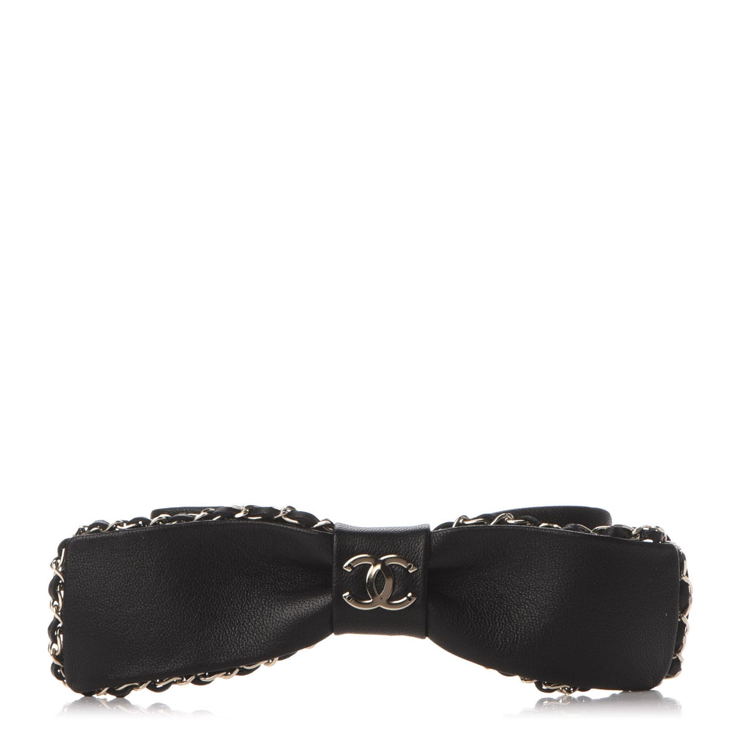 Lambskin Bow Chain CC Hair Clip Black