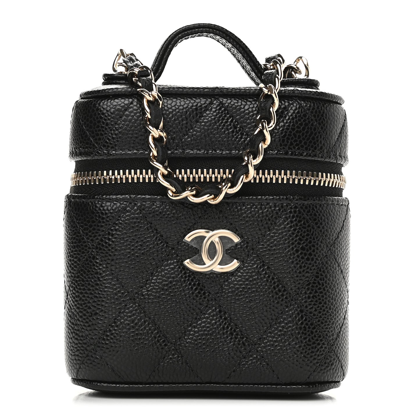 Caviar Quilted Small Handle With Care Vanity Case With Chain Black