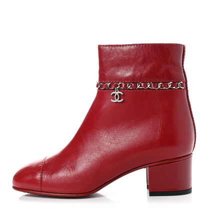 Chanel Crumpled Calfskin Cap Toe Chain Short Boots 36 Red 1 of 10