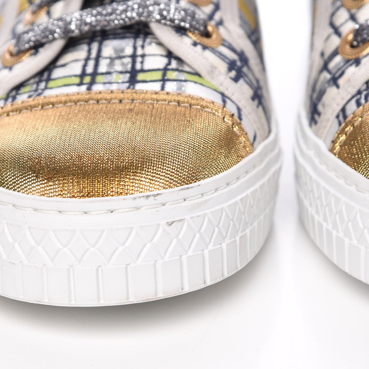 Metallic Tweed High Top Sneakers 38.5 Ecru Black Yellow Gold